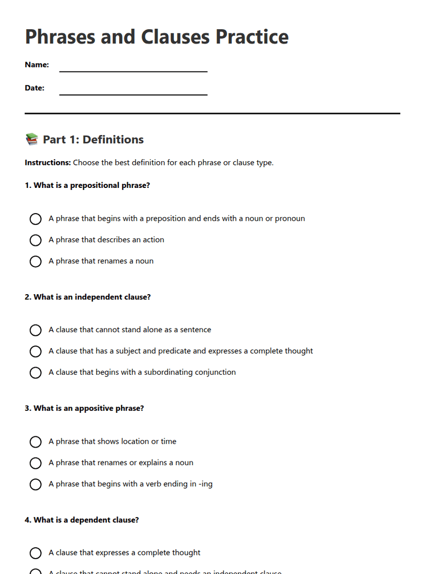 Phrases and Clauses Practice