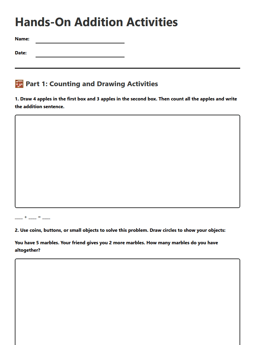 Hands-On Addition Activities worksheet preview