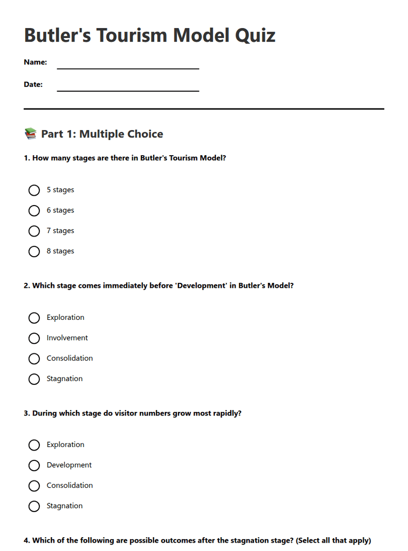 Butler's Tourism Model Quiz