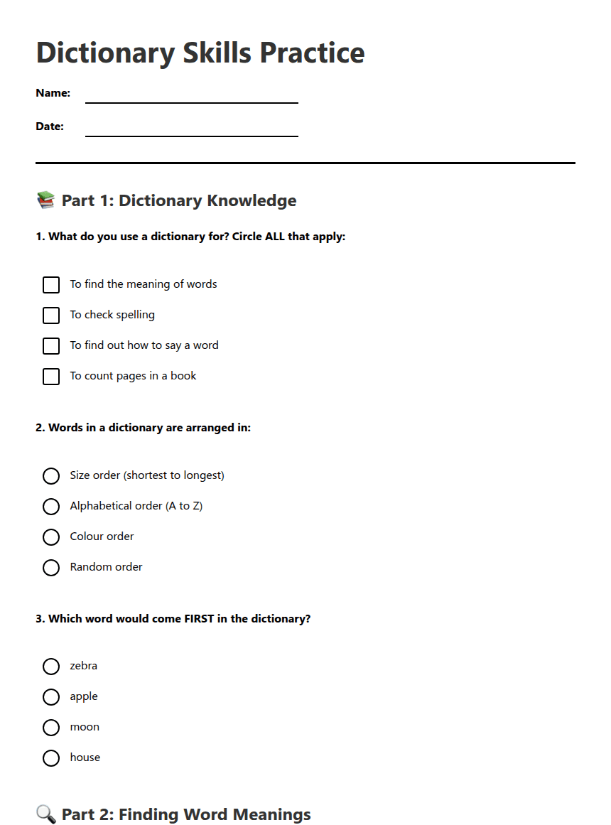 Dictionary Skills Practice worksheet preview