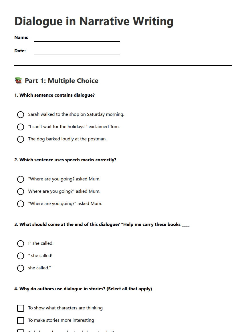 Dialogue in Narrative Writing worksheet preview