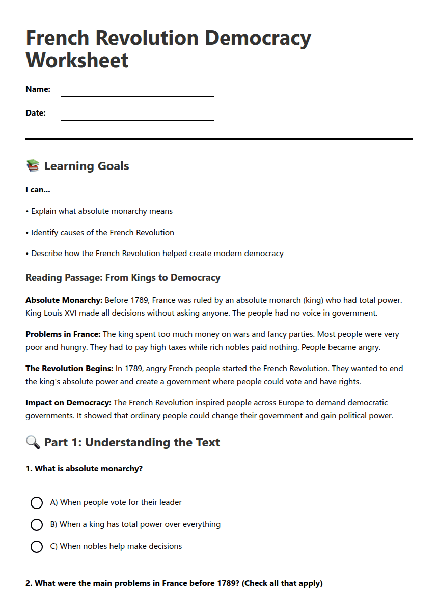 French Revolution Democracy Worksheet worksheet preview