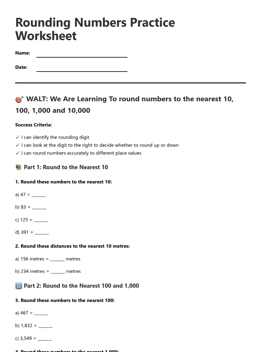 Rounding Numbers Practice Worksheet worksheet preview