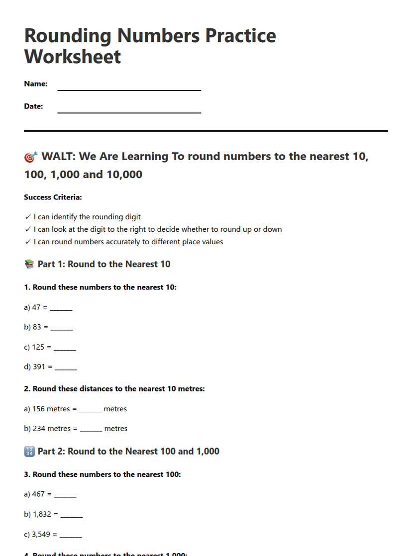 Rounding Numbers Practice Worksheet
