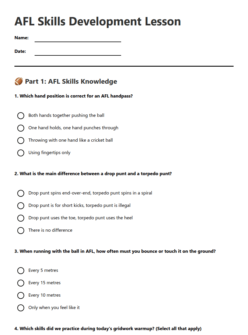 AFL Skills Development Lesson worksheet preview