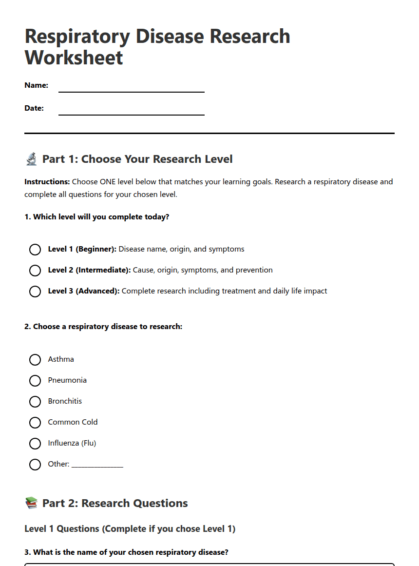 Respiratory Disease Research Worksheet worksheet preview