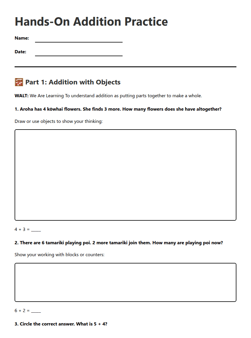Hands-On Addition Practice worksheet preview