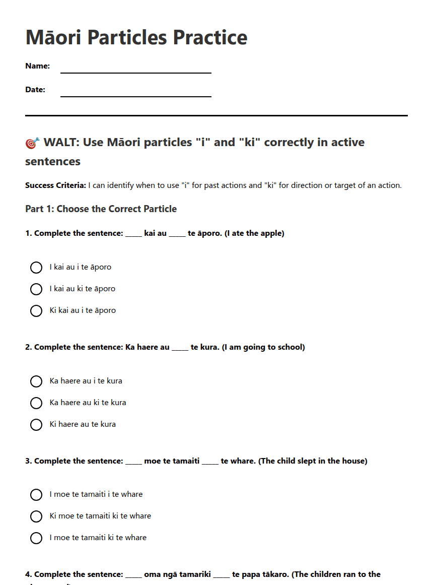 Māori Particles Practice worksheet preview
