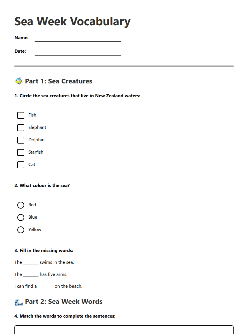 Sea Week Vocabulary worksheet preview