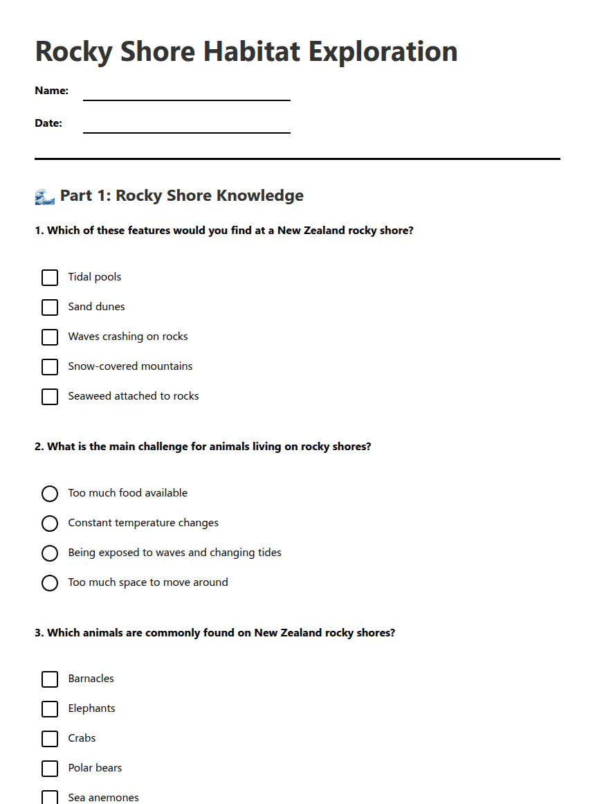 Rocky Shore Habitat Exploration worksheet preview