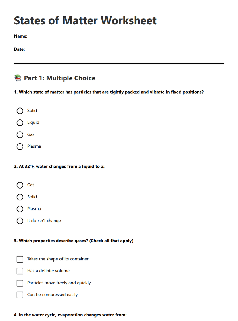 States of Matter Worksheet