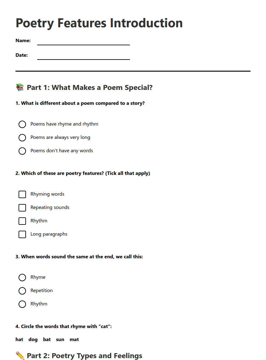 Poetry Features Introduction worksheet preview
