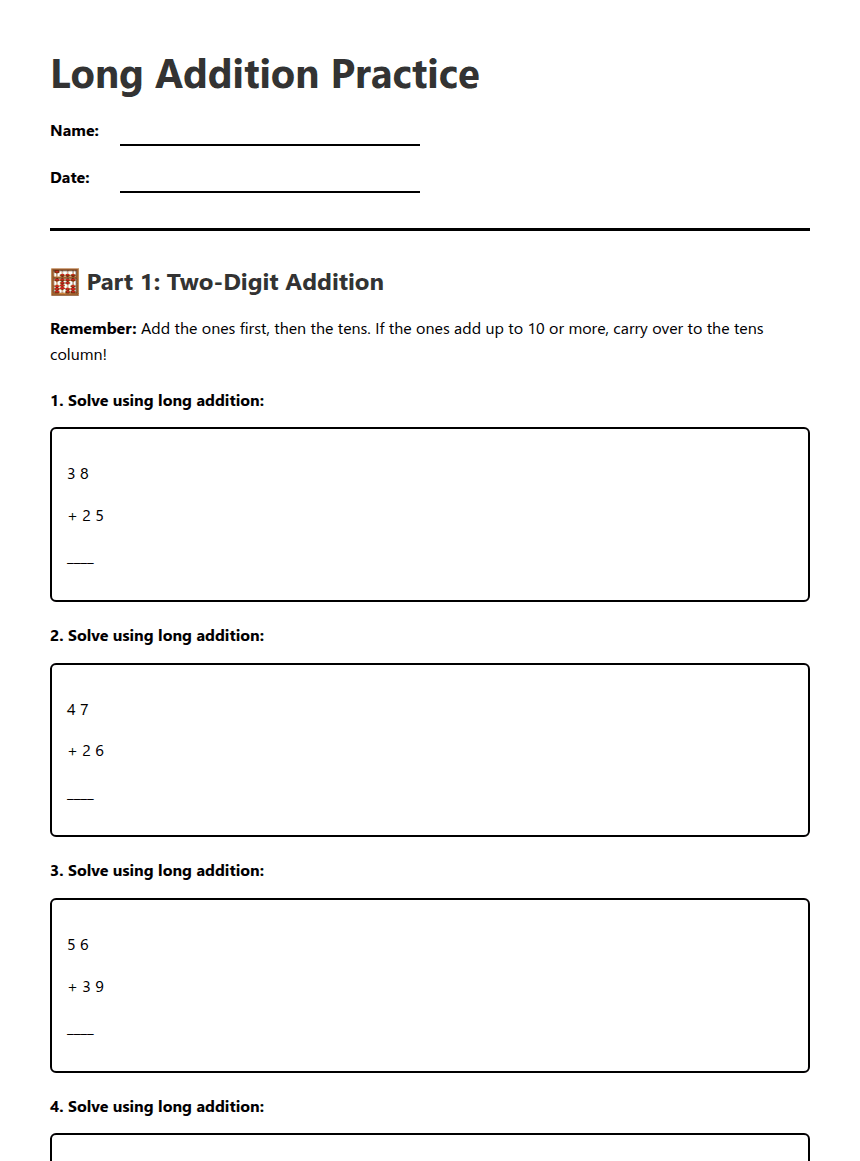 Long Addition Practice worksheet preview