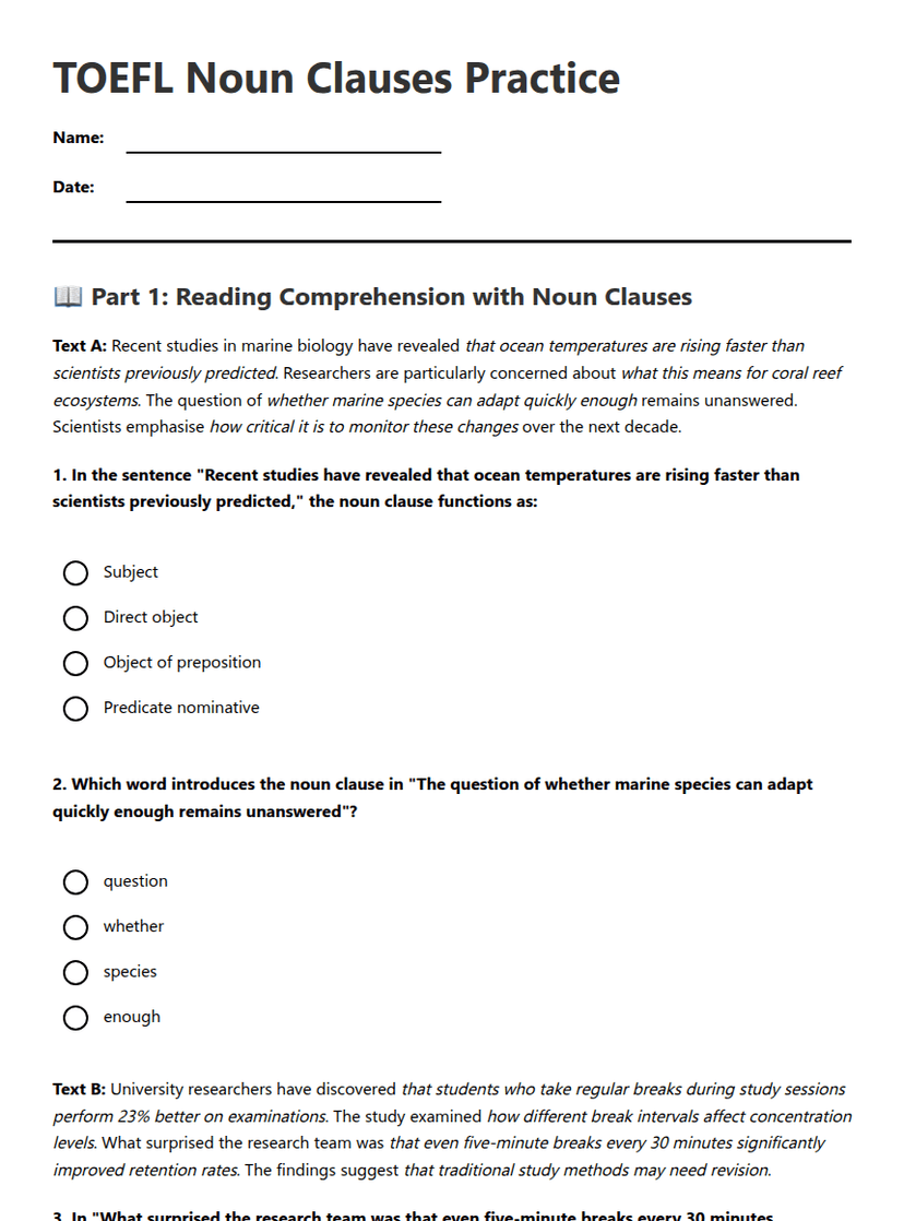 TOEFL Noun Clauses Practice