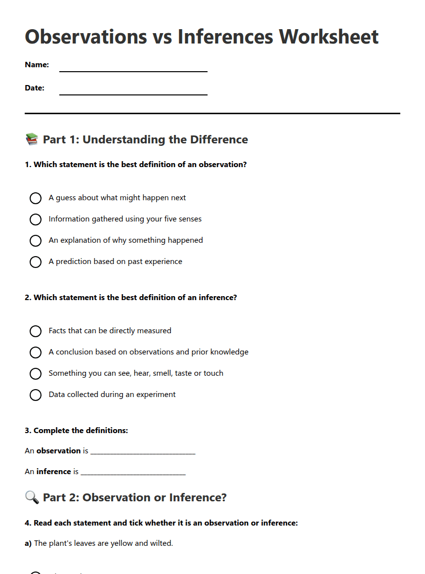 Observations vs Inferences Worksheet worksheet preview