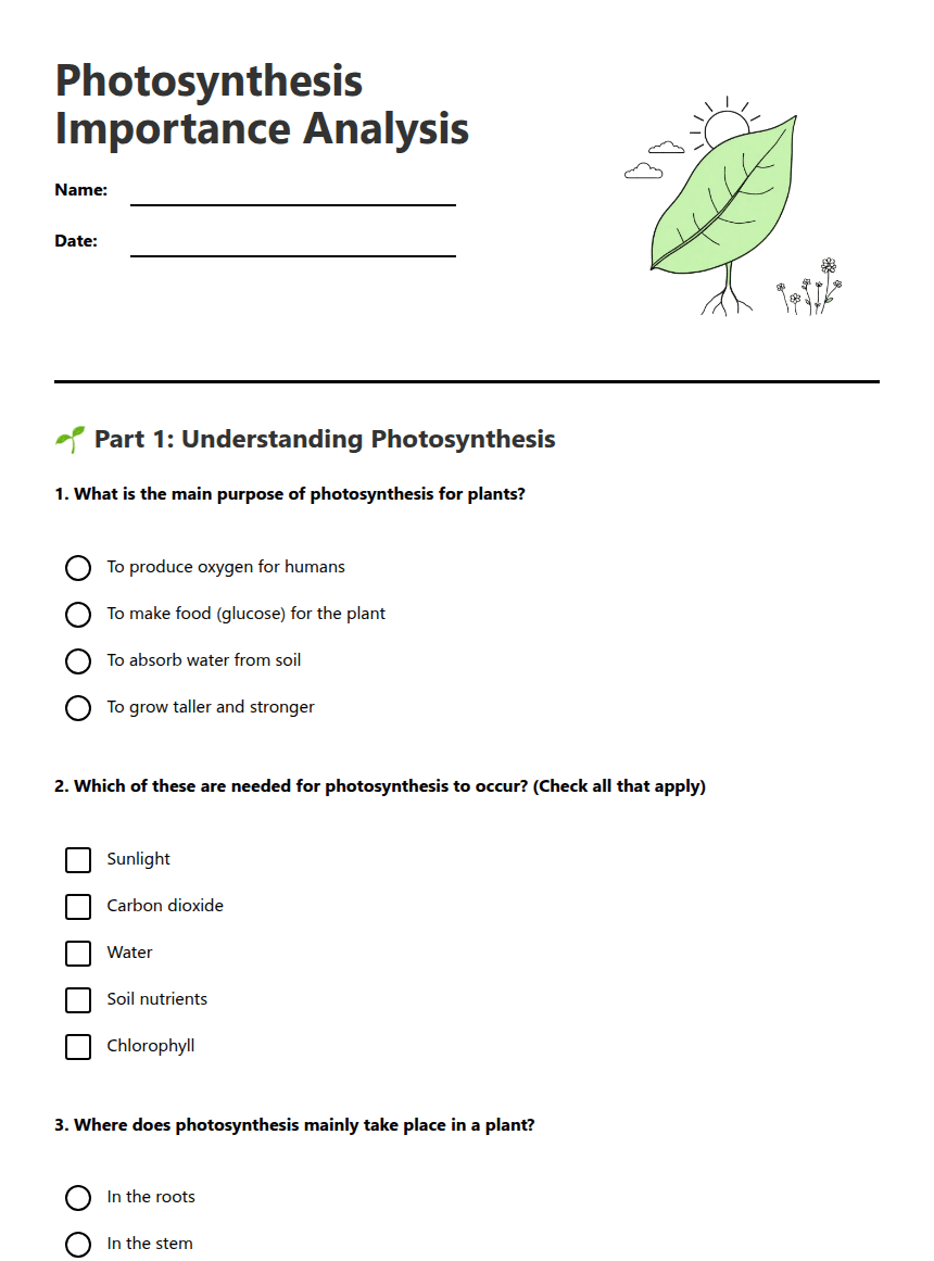 Photosynthesis Importance Analysis worksheet preview