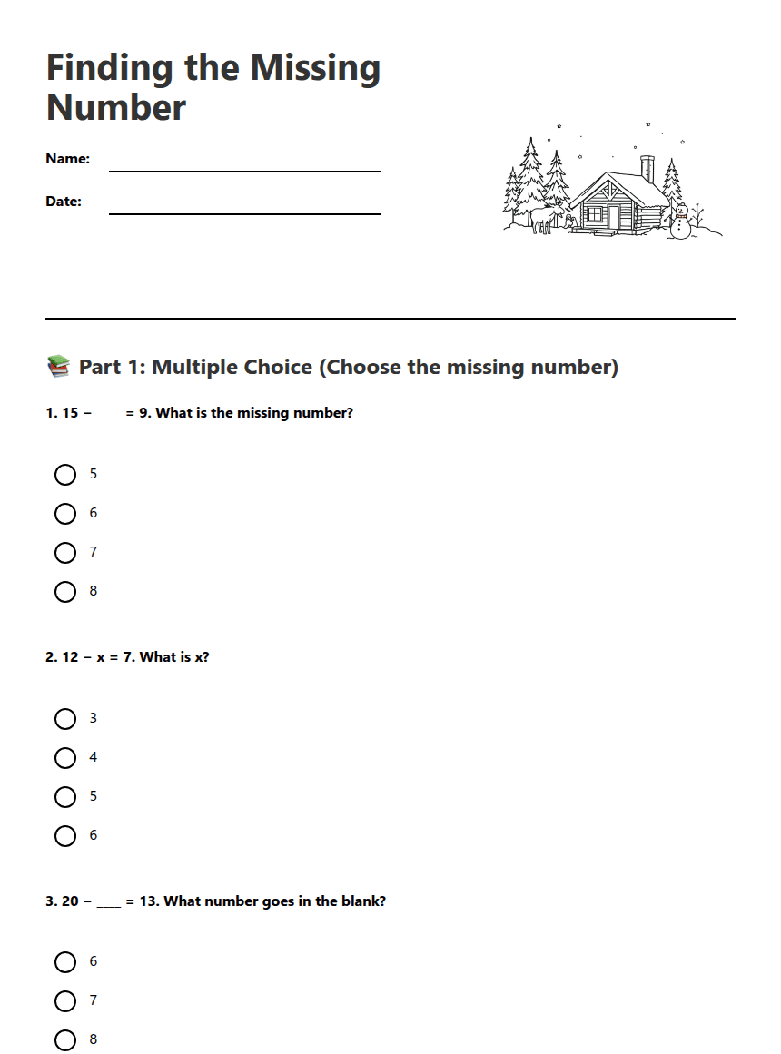 Finding the Missing Number worksheet preview
