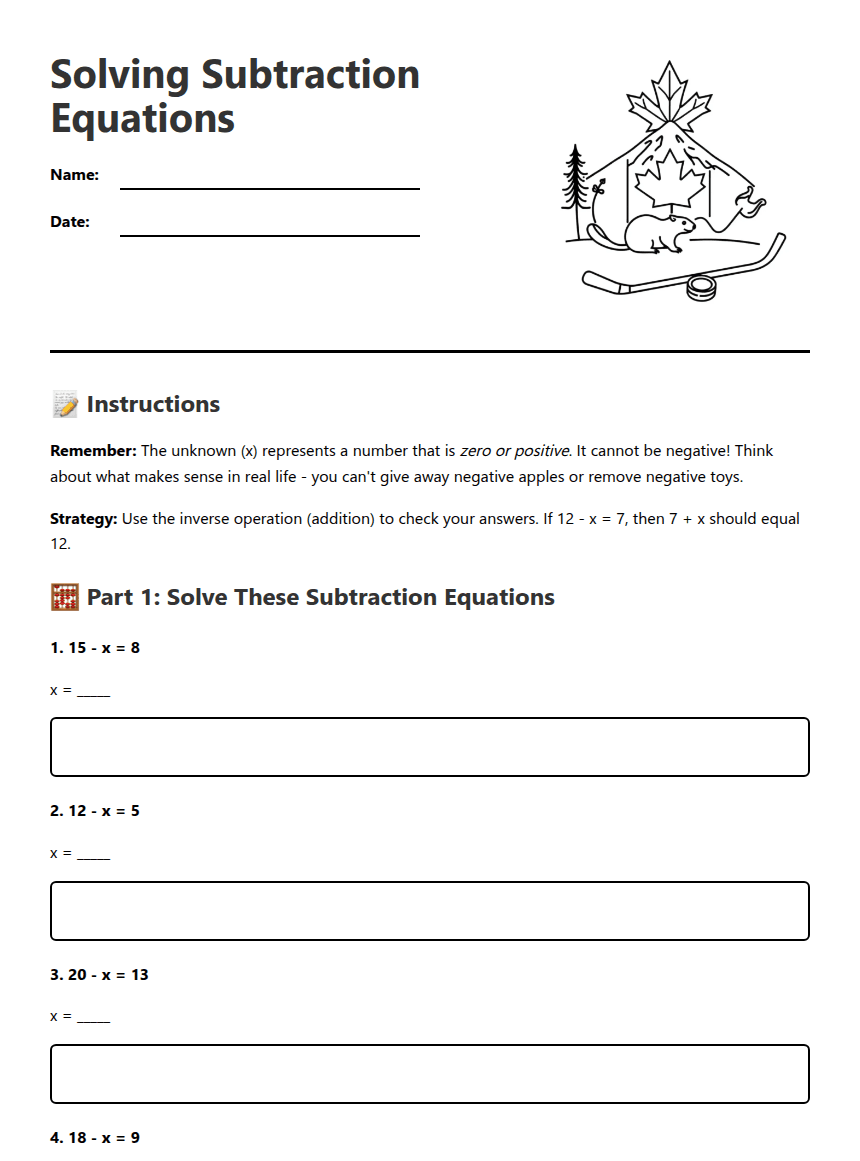 Solving Subtraction Equations worksheet preview
