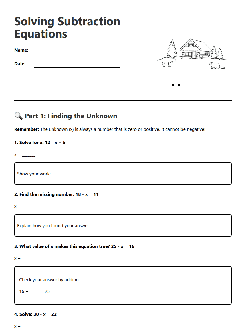 Solving Subtraction Equations worksheet preview