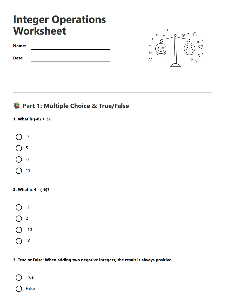 Integer Operations Worksheet worksheet preview