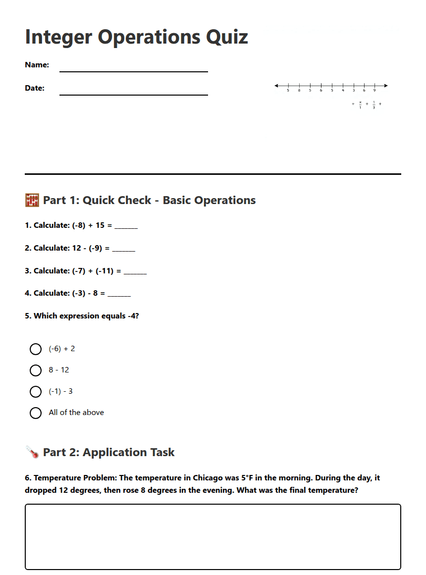 Integer Operations Quiz worksheet preview