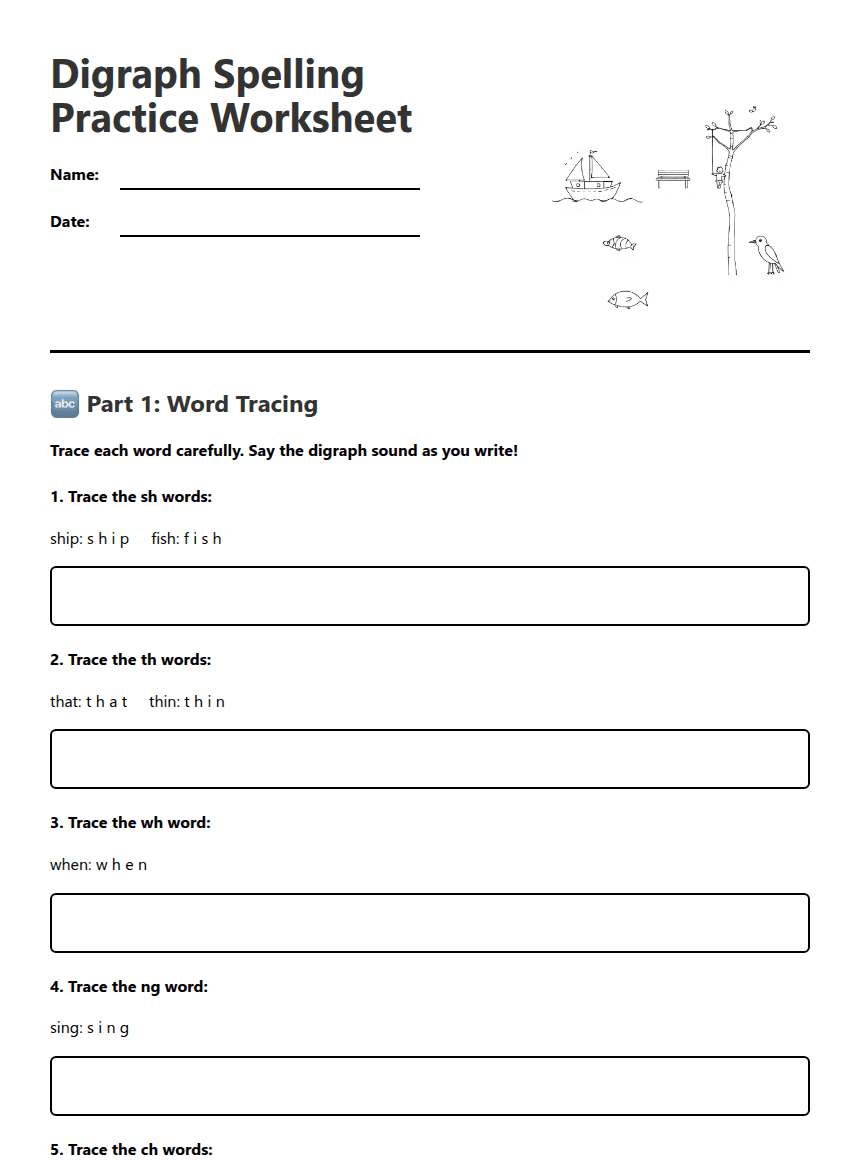 Digraph Spelling Practice Worksheet worksheet preview