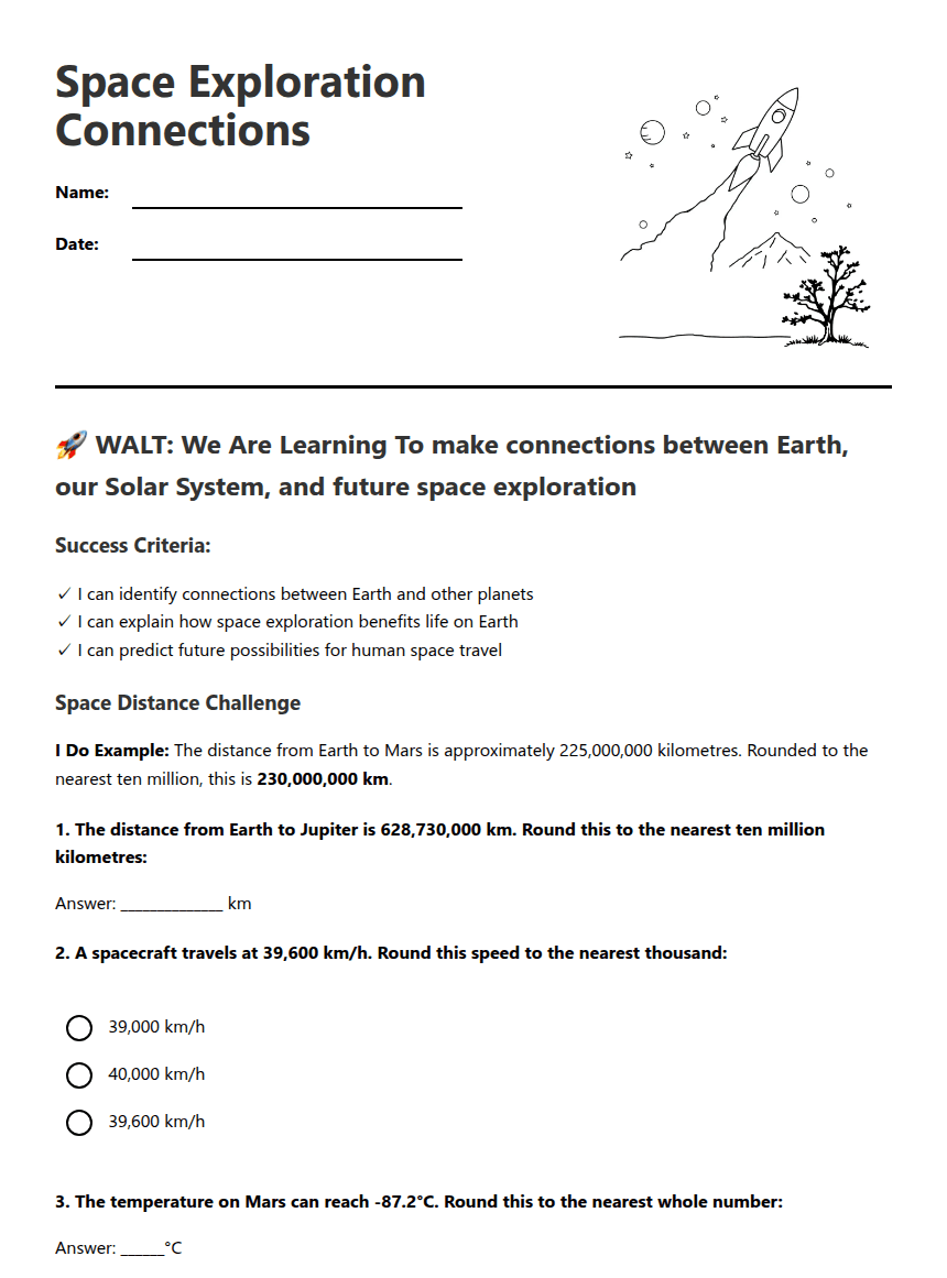 Space Exploration Connections worksheet preview