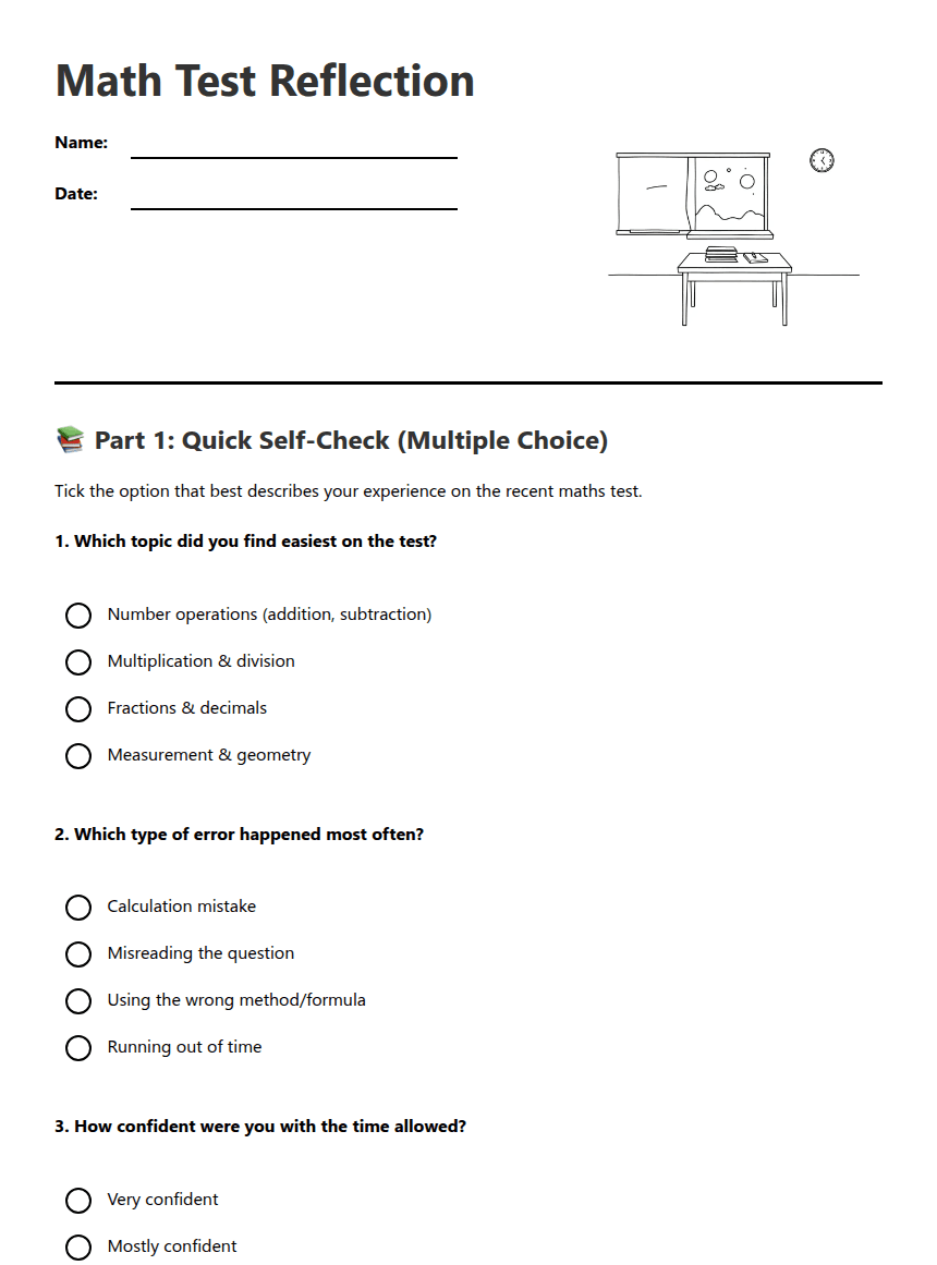 Math Test Reflection worksheet preview