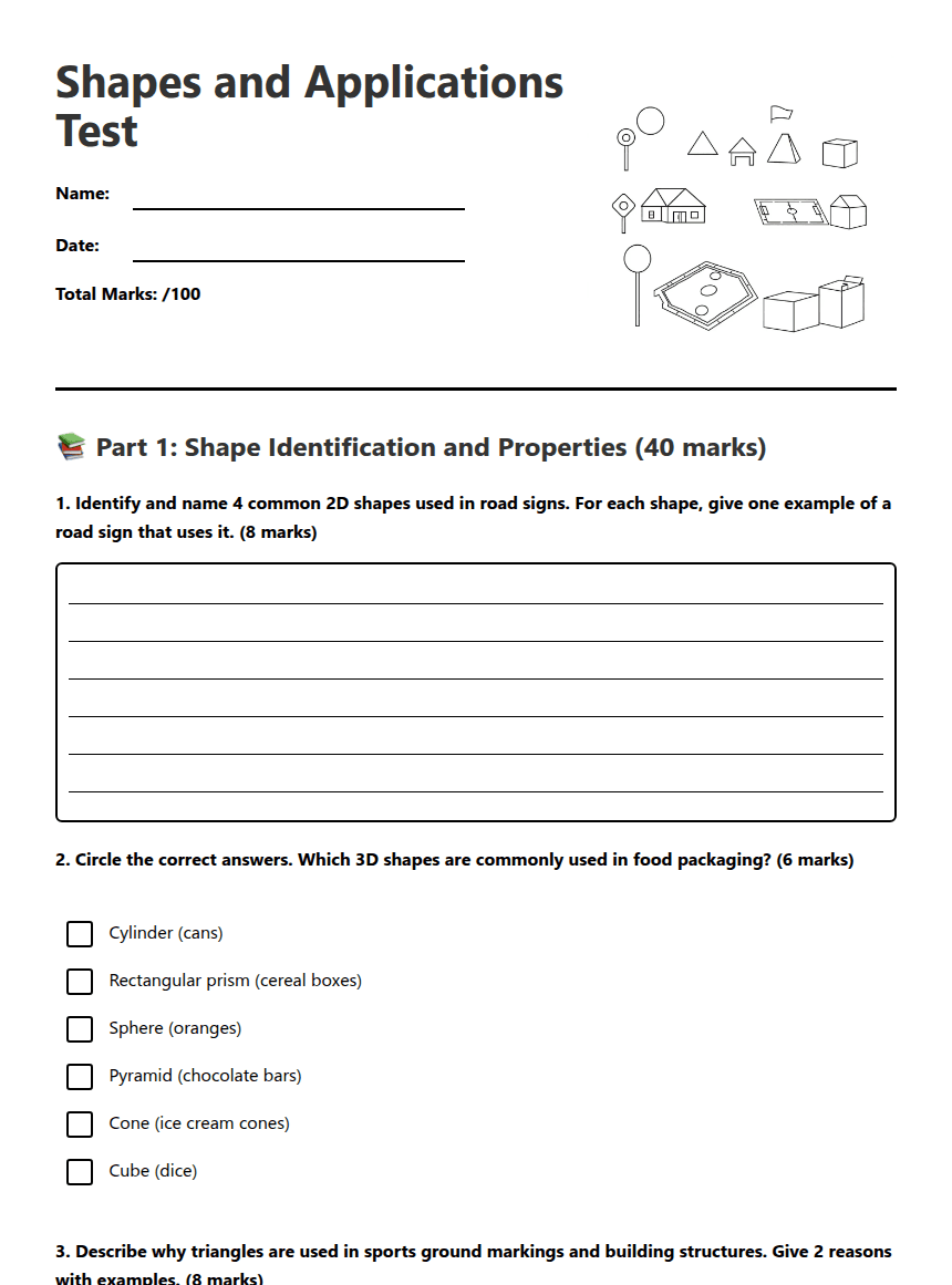 Shapes and Applications Test worksheet preview