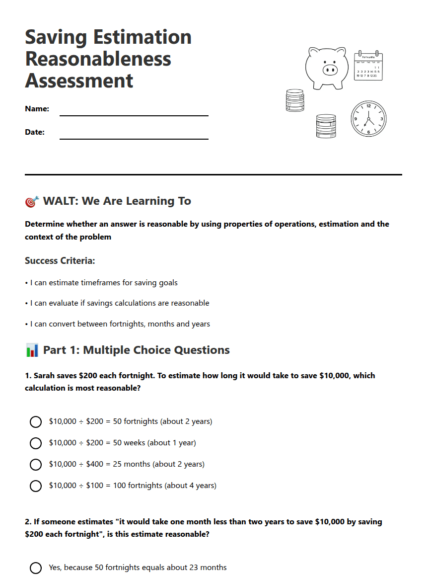 Saving Estimation Reasonableness Assessment worksheet preview