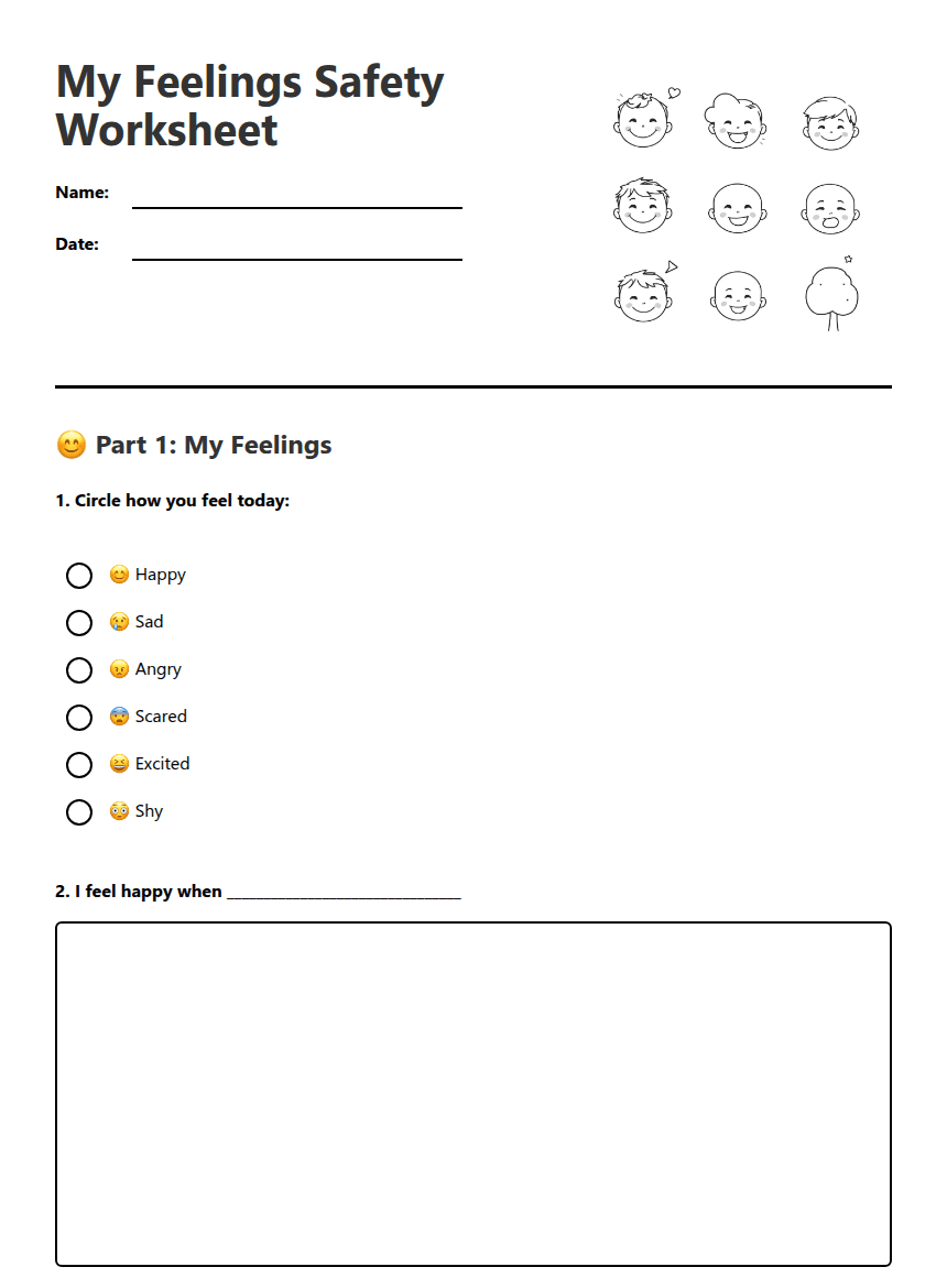 My Feelings Safety Worksheet worksheet preview