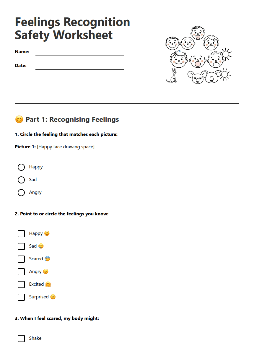 Feelings Recognition Safety Worksheet worksheet preview