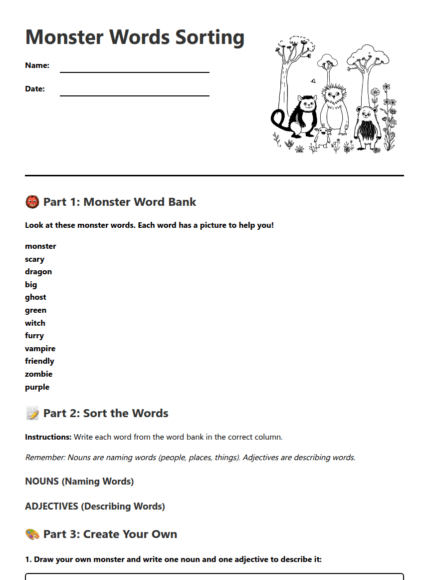 Monster Words Sorting worksheet preview