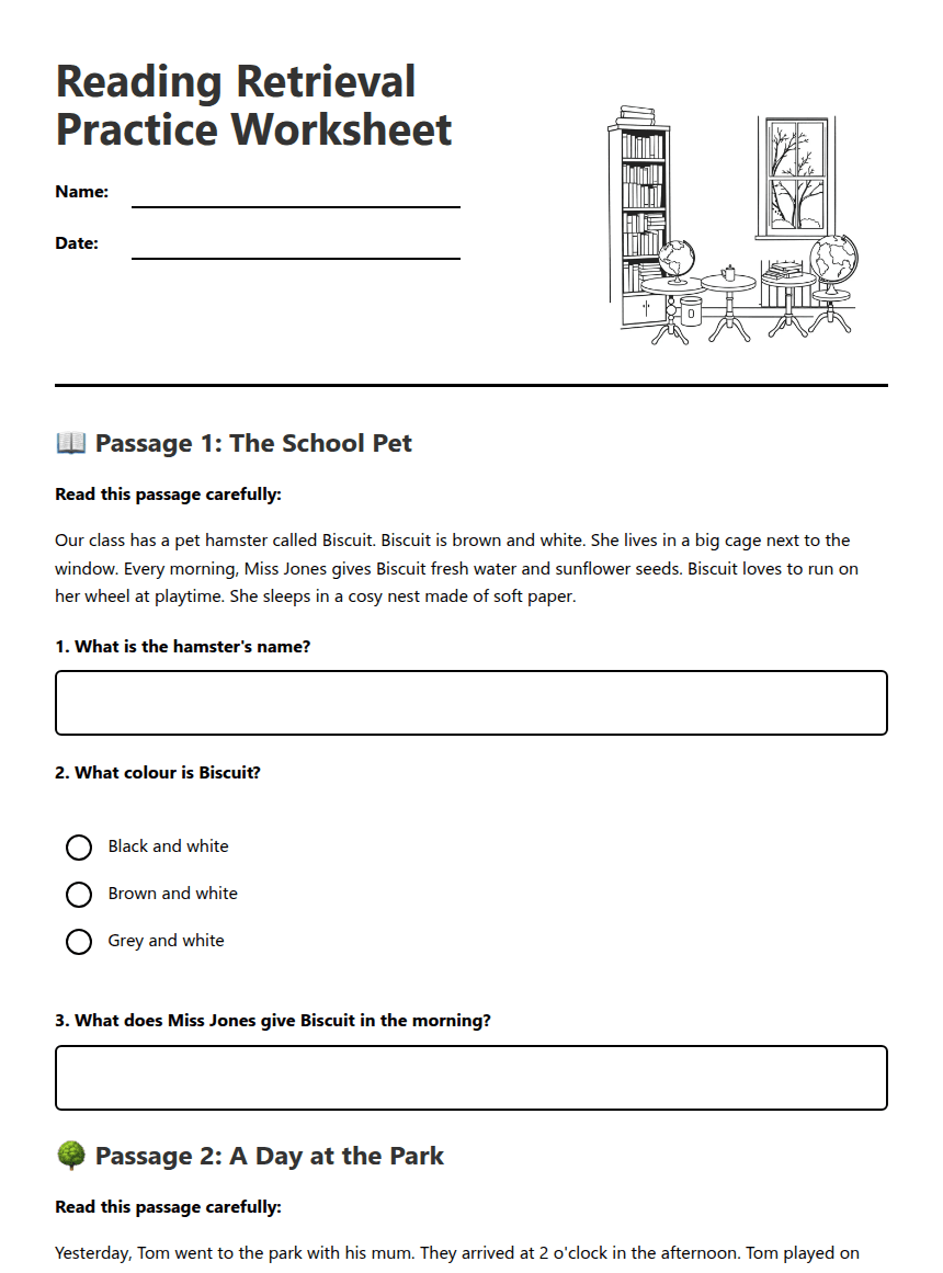 Reading Retrieval Practice Worksheet worksheet preview