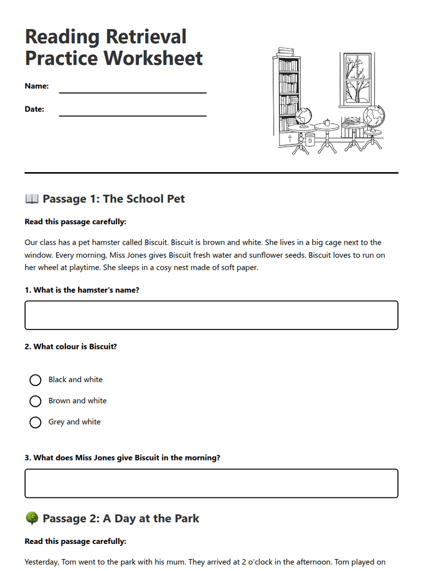 Reading Retrieval Practice Worksheet