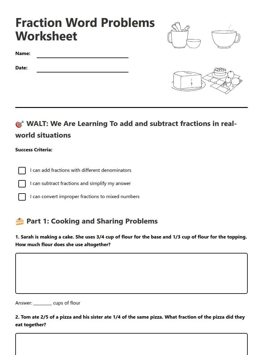 Fraction Word Problems Worksheet worksheet preview