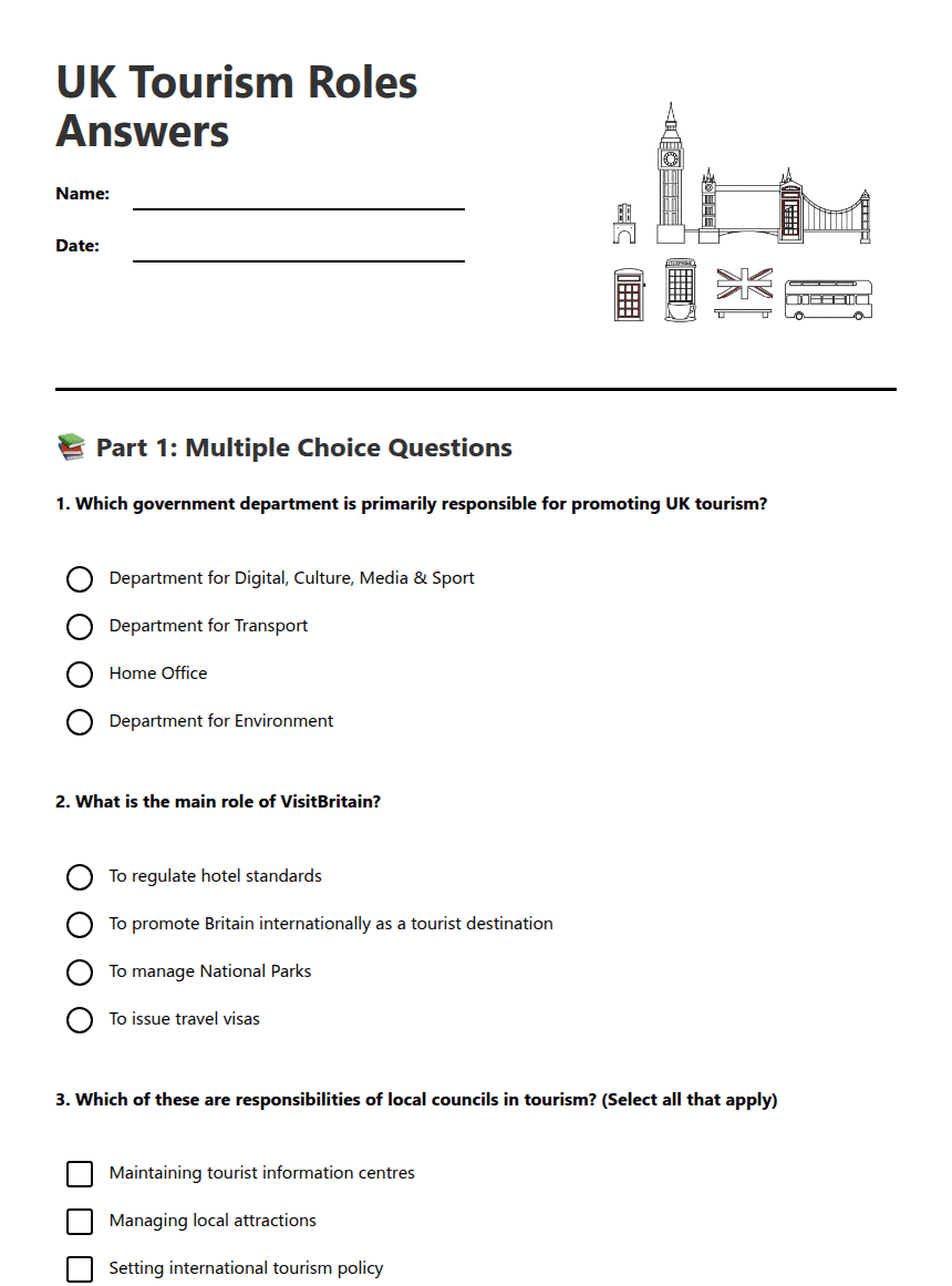 UK Tourism Roles Answers worksheet preview