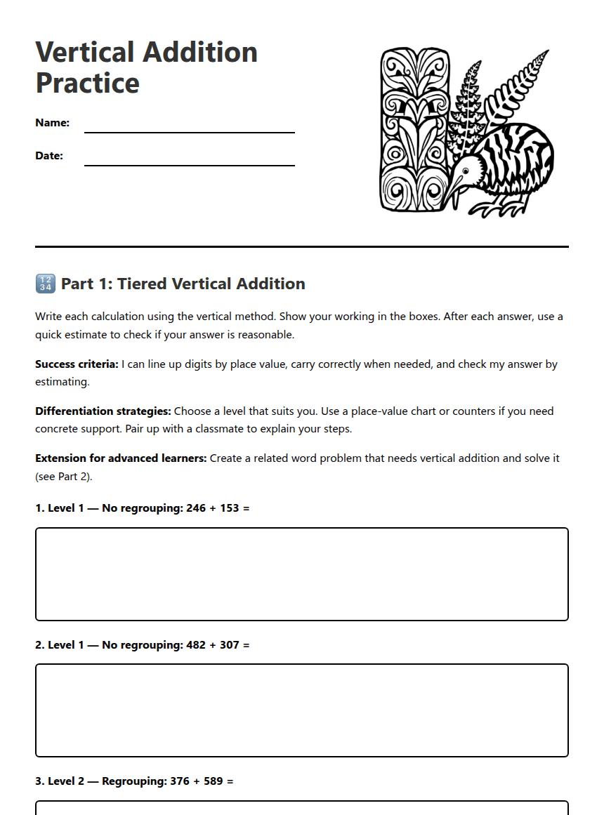 Vertical Addition Practice worksheet preview