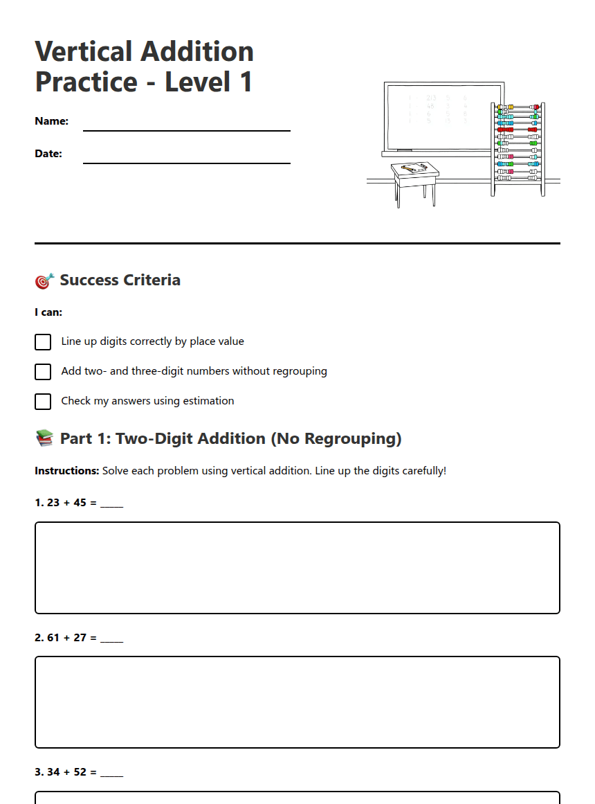 Vertical Addition Practice worksheet preview