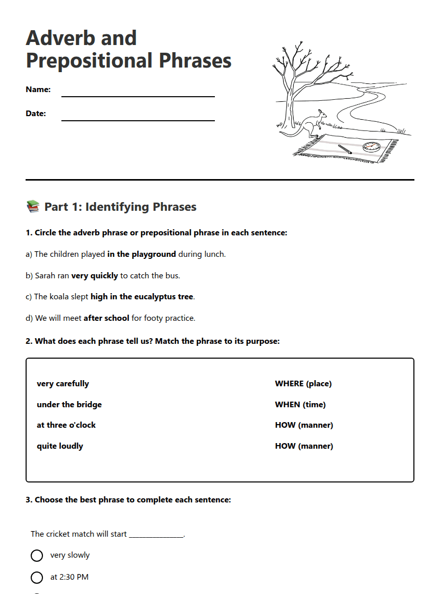 Adverb and Prepositional Phrases worksheet preview