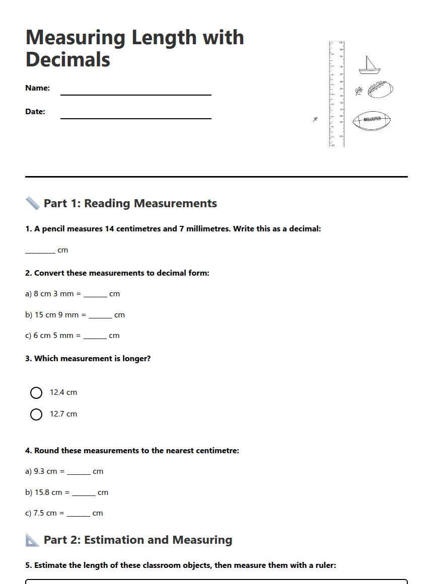 Measuring Length with Decimals worksheet preview