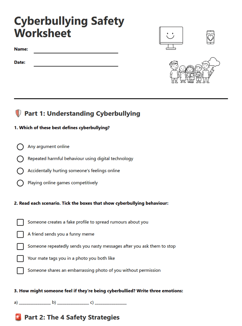 Cyberbullying Safety Worksheet