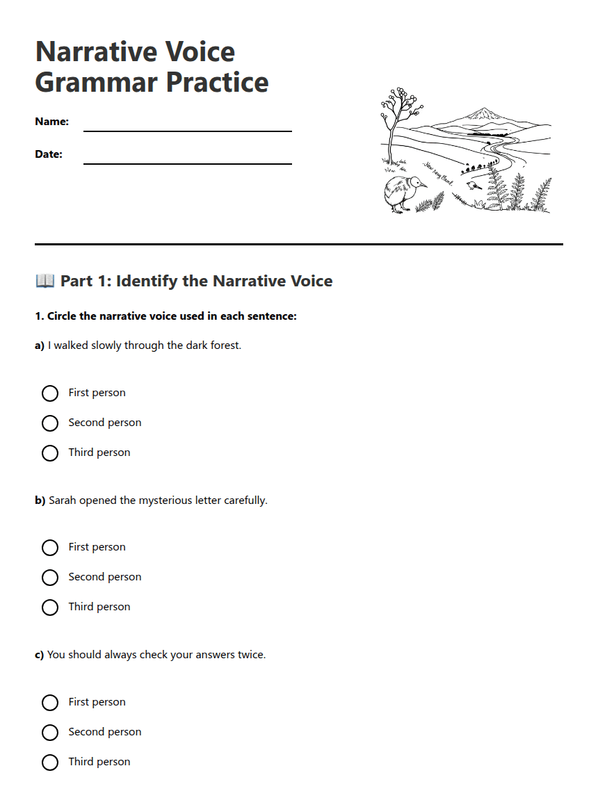 Narrative Voice Grammar Practice worksheet preview