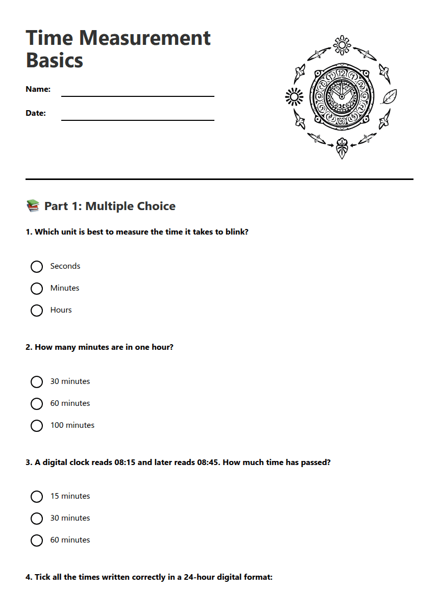 Time Measurement Basics worksheet preview