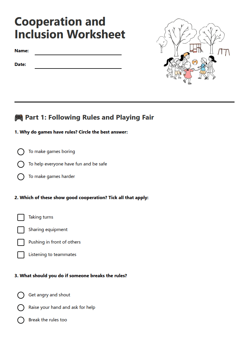 Cooperation and Inclusion Worksheet worksheet preview