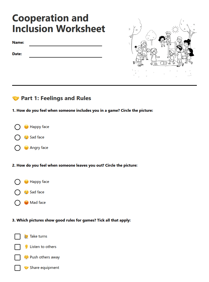 Cooperation and Inclusion Worksheet worksheet preview