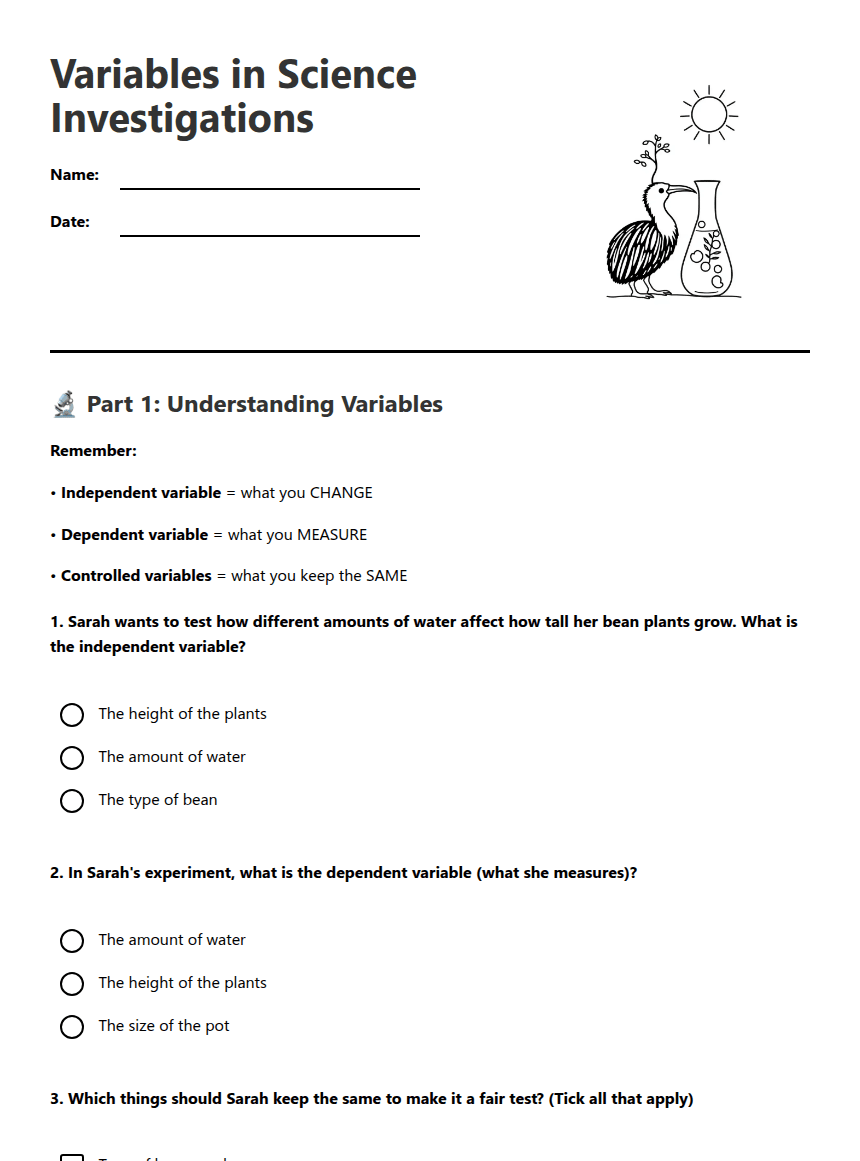 Variables in Science Investigations worksheet preview