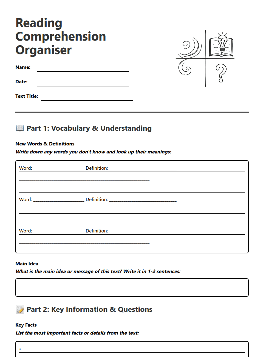 Reading Comprehension Organizer worksheet preview