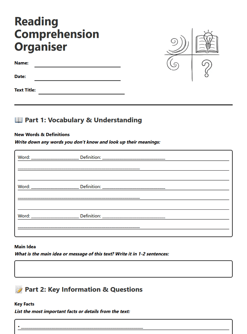 Reading Comprehension Organizer