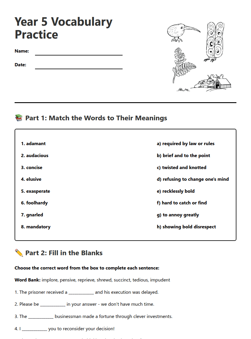 Year 9 Vocabulary Extension worksheet preview